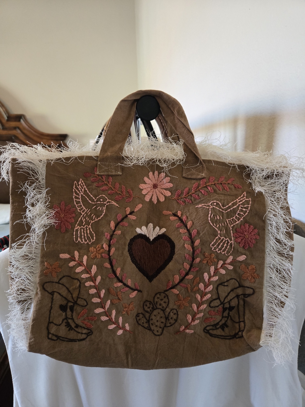 Embroidered Heart, Cowboy Boots And Hummingbird Brown Tote Bag